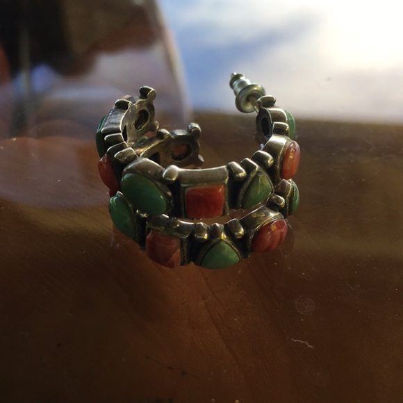 Native American turquoise, red coral, silver hoops - Picture 6 of 7
